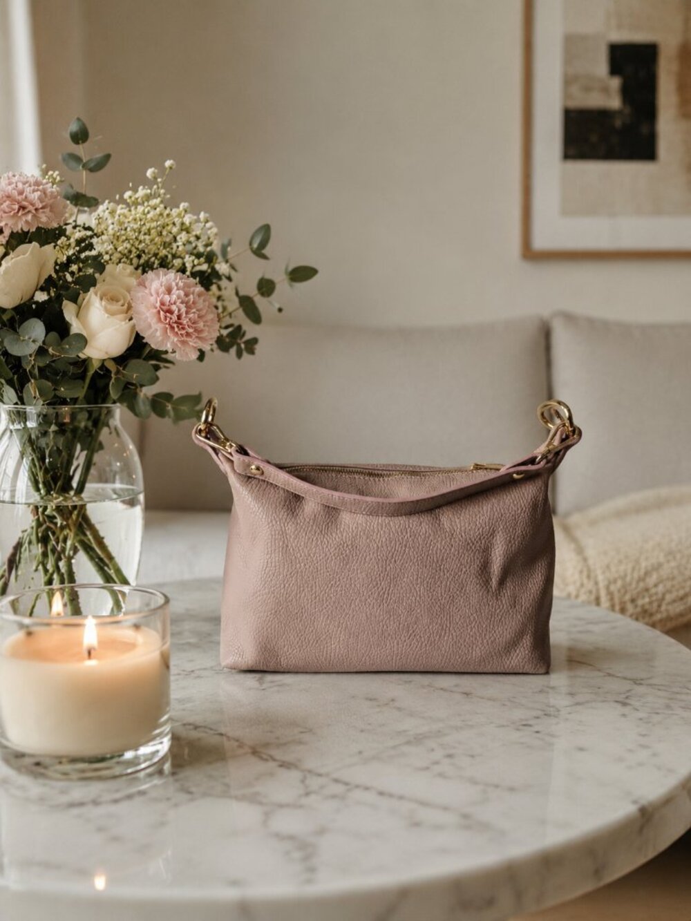Powder Pink Italian Leather Mini Bag, Pebbled Shoulder Purse, Crossbody Handbag